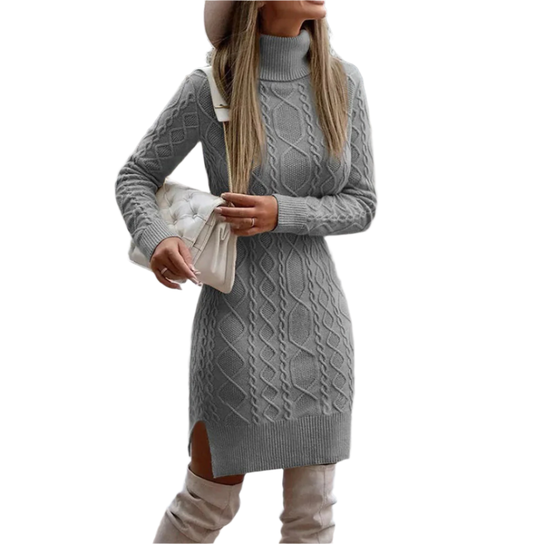 Isabella – Warme Gebreide Dames Coltrui Jurk" can be rewritten as:
"Isabella – Cozy Knitted Women's Turtleneck Dress