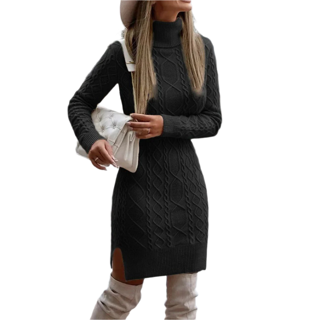 Isabella – Warme Gebreide Dames Coltrui Jurk" can be rewritten as:
"Isabella – Cozy Knitted Women's Turtleneck Dress