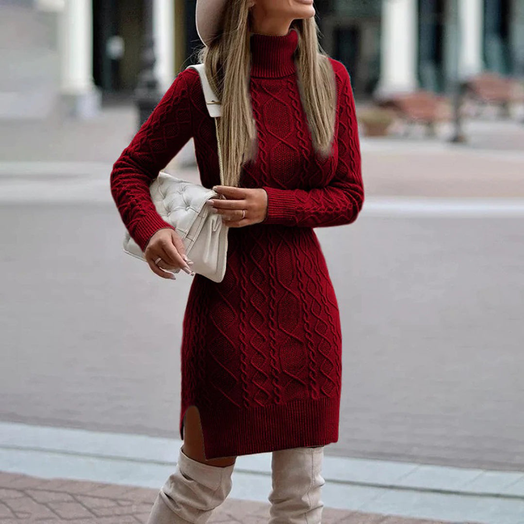 Isabella – Warme Gebreide Dames Coltrui Jurk" can be rewritten as:
"Isabella – Cozy Knitted Women's Turtleneck Dress