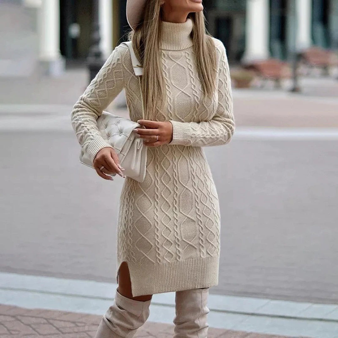 Isabella – Warme Gebreide Dames Coltrui Jurk" can be rewritten as:
"Isabella – Cozy Knitted Women's Turtleneck Dress