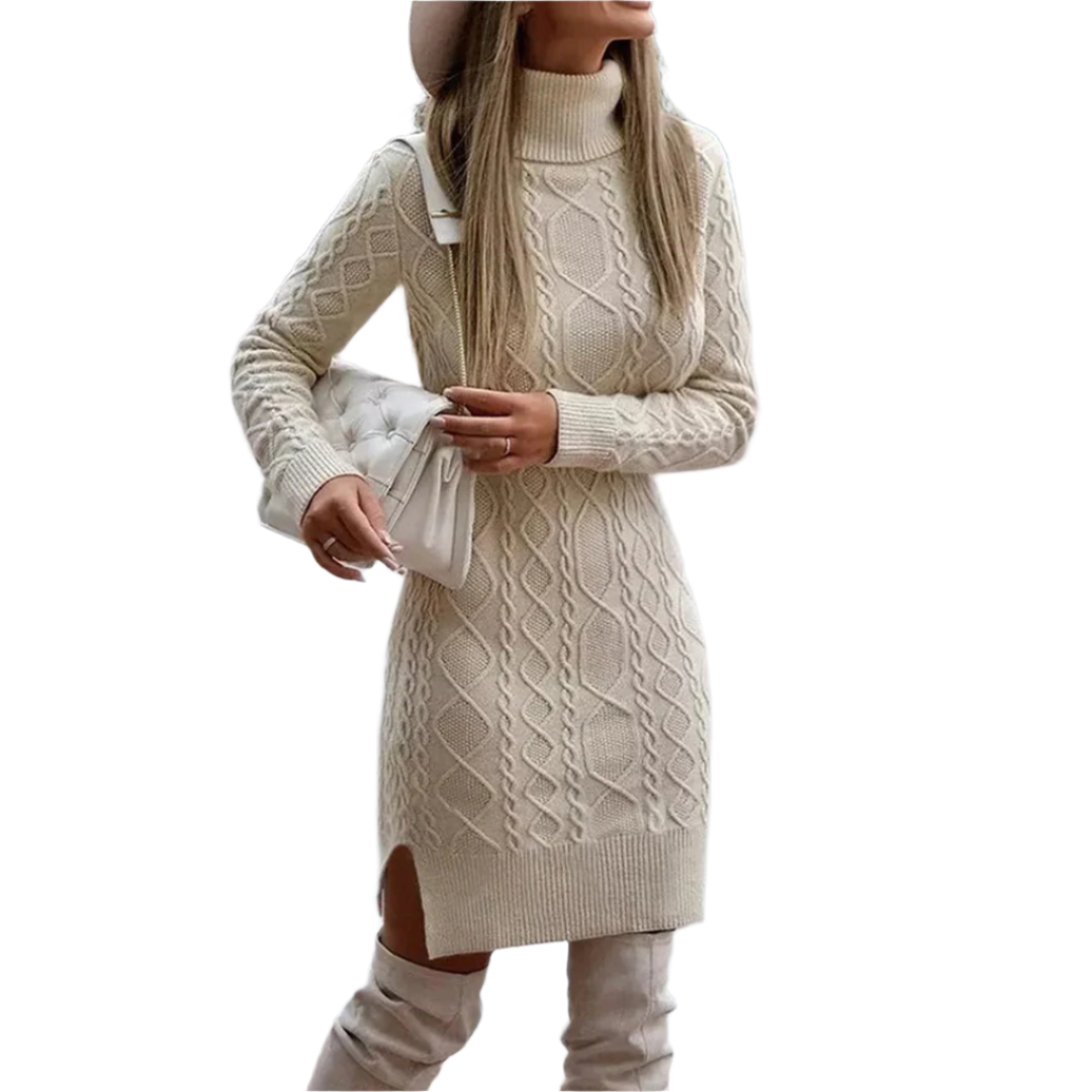 Isabella – Warme Gebreide Dames Coltrui Jurk" can be rewritten as:
"Isabella – Cozy Knitted Women's Turtleneck Dress