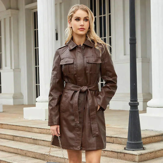 Isabella – Lange Damesjas van Faux Leer met Ceintuur
