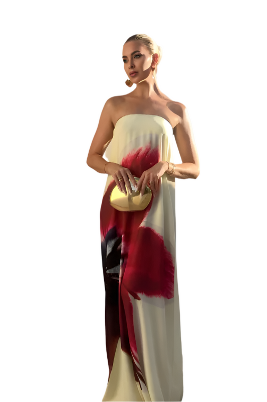 Isabella – Strapless Maxi Dress with Bold Floral Print