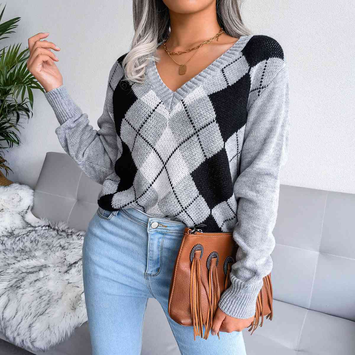 Sofia – Preppy Women's Argyle Knit Sweater