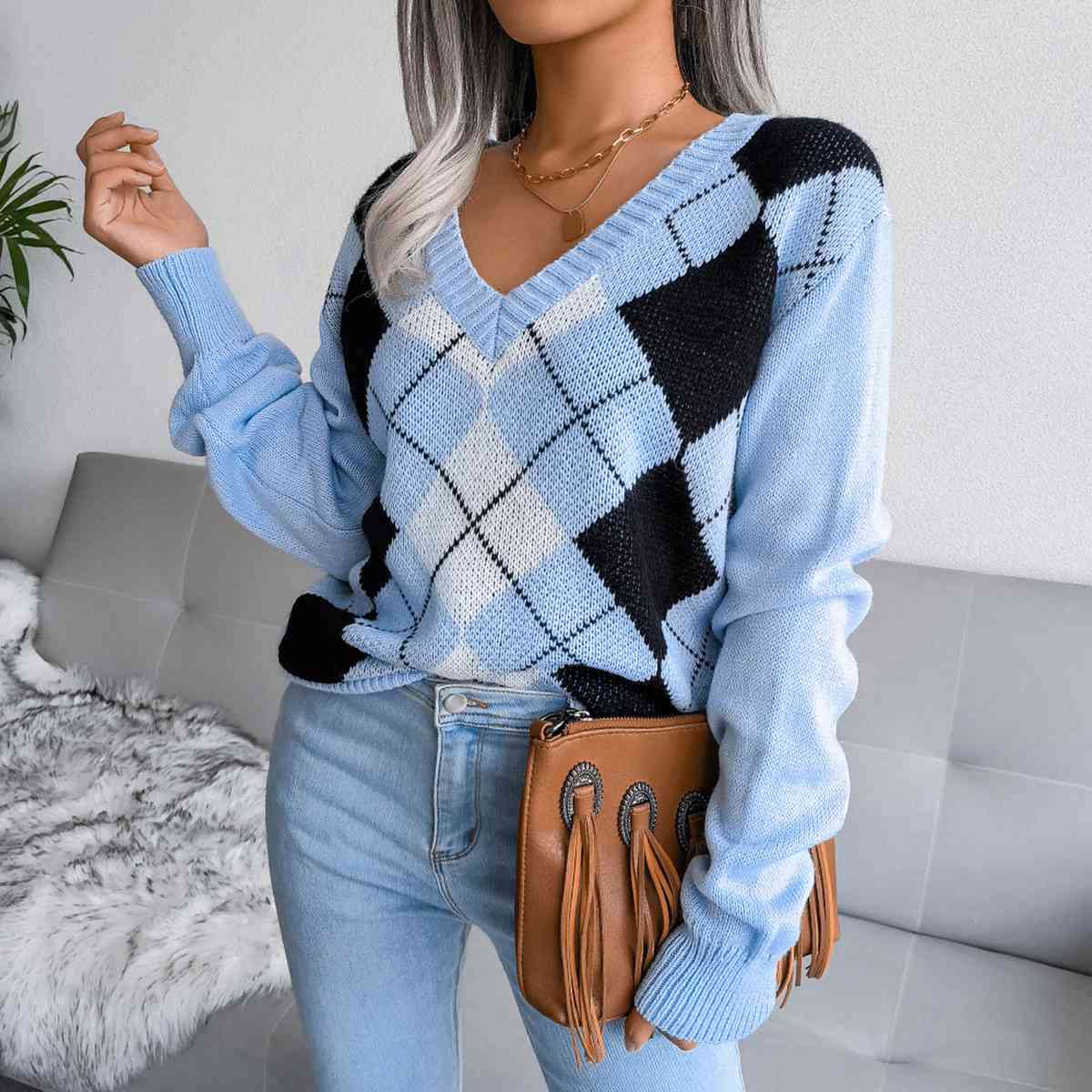 Sofia – Preppy Women's Argyle Knit Sweater