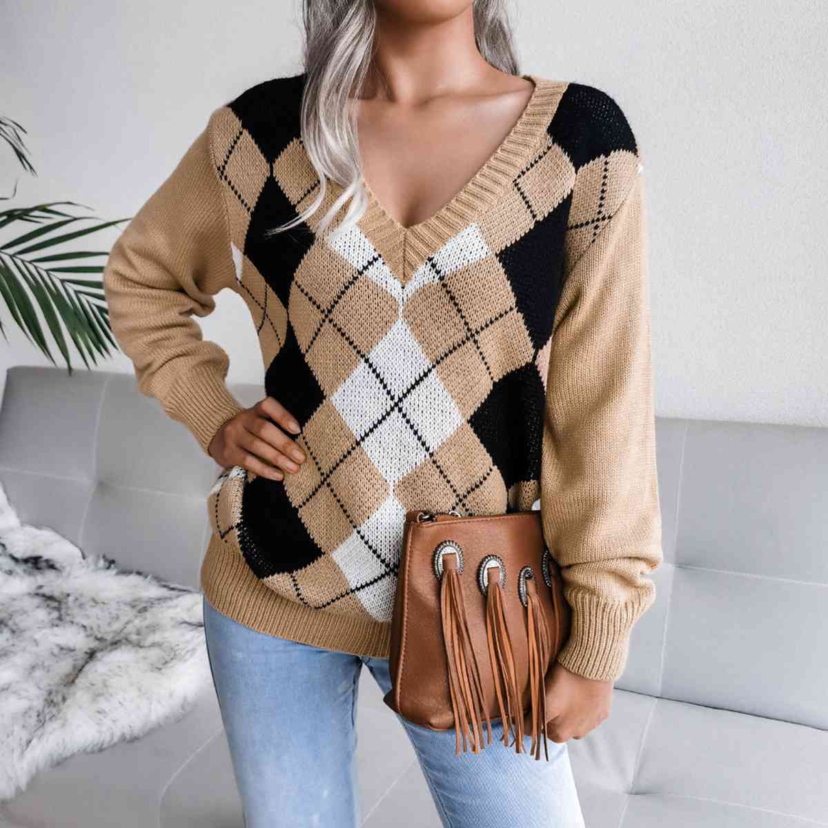 Sofia – Preppy Women's Argyle Knit Sweater